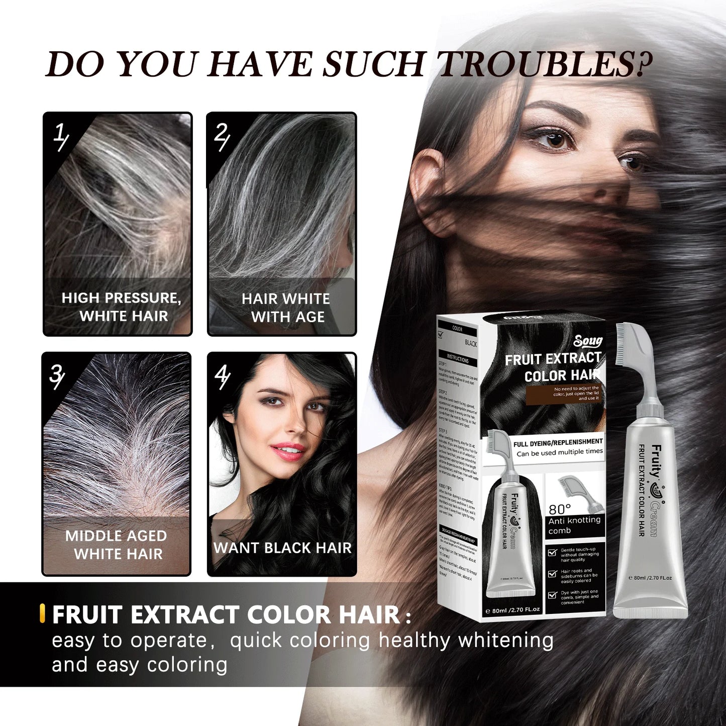 Long-Lasting Black Hair Dye Cream with Comb - Covers White & Gray Hair, Fruit Scented, Natural Mild Formula Hair Color.