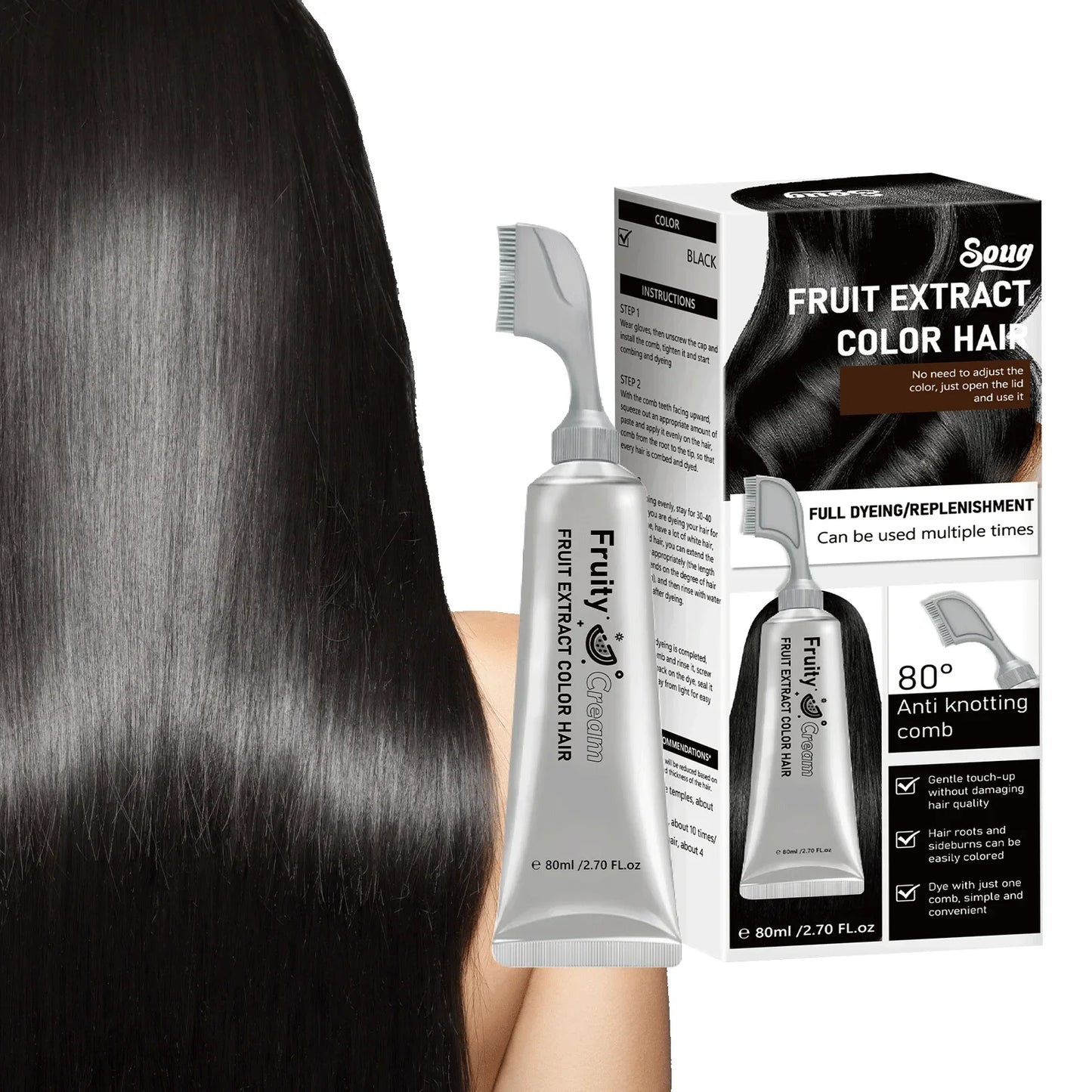 Long-Lasting Black Hair Dye Cream with Comb - Covers White & Gray Hair, Fruit Scented, Natural Mild Formula Hair Color.