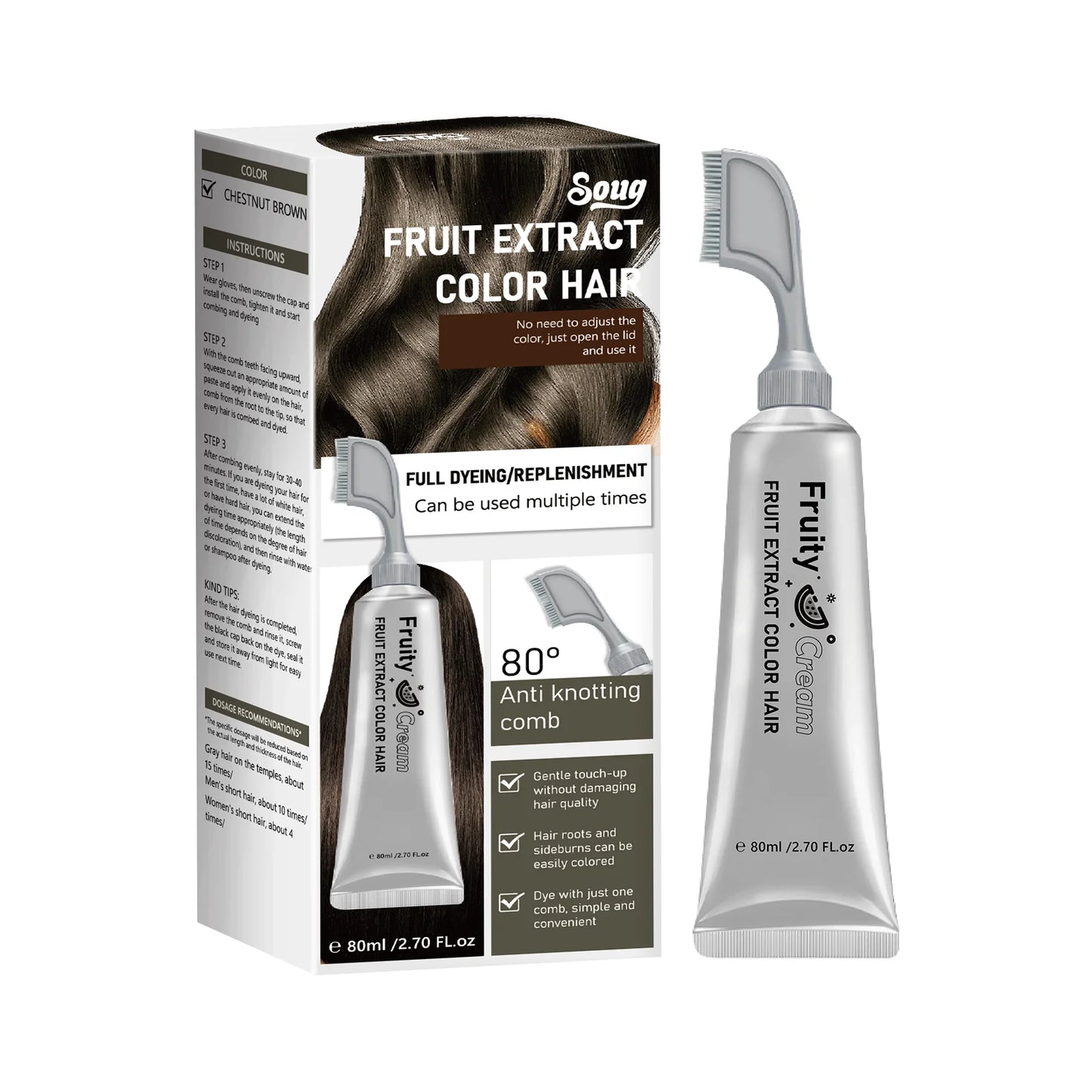 Long-Lasting Black Hair Dye Cream with Comb - Covers White & Gray Hair, Fruit Scented, Natural Mild Formula Hair Color.