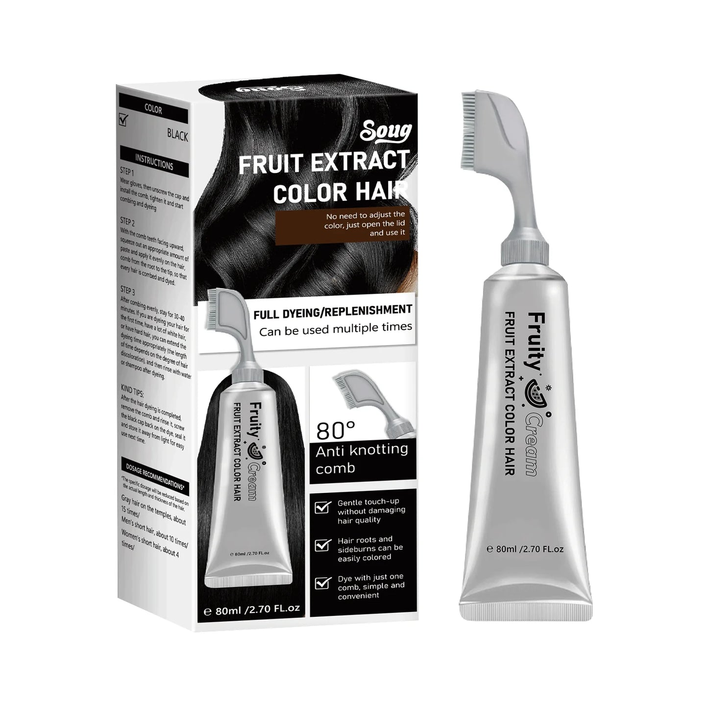 Long-Lasting Black Hair Dye Cream with Comb - Covers White & Gray Hair, Fruit Scented, Natural Mild Formula Hair Color.